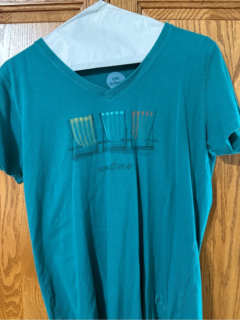 Life Is Good Teal V-Neck Short Sleeve Tee with Beach Chair Graphic M